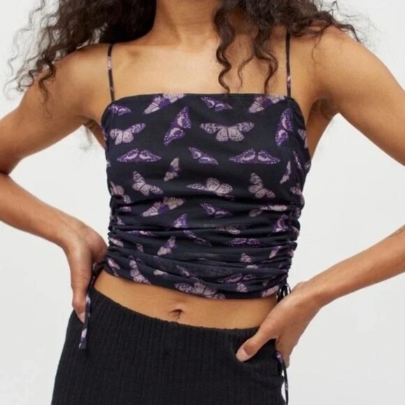 UO Black Purple Butterflies Print Tasmin Ruched Cami Top - Picture 1 of 6